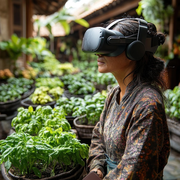 Una mujer con auriculares de realidad virtual explora un jardín virtual