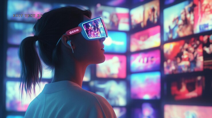 PSD mujer con auriculares de realidad virtual viendo contenido digital en una pared de pantallas