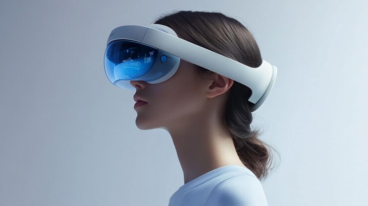 PSD mujer con auriculares vr futuristas vista de perfil contra un fondo gris claro