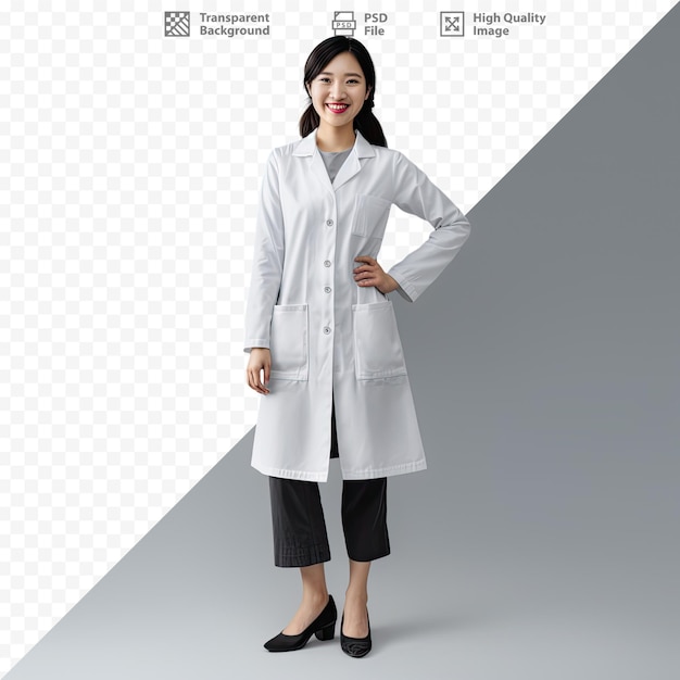 PSD una mujer con una bata blanca de laboratorio está de pie frente a una foto de una mujer.