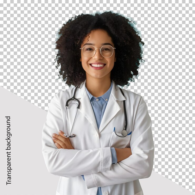 una mujer con una bata de laboratorio está de pie frente a una cuadrícula que dice "ella es doctora"