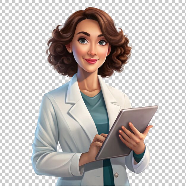 una mujer en una bata de laboratorio está sosteniendo una tableta