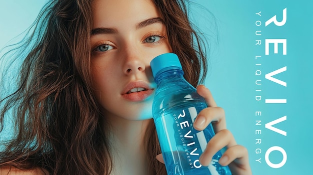 mujer beber botella modelo azul