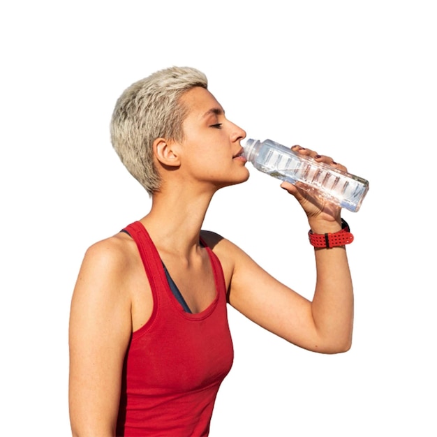 una mujer bebiendo de una botella de agua con un fondo blanco PSD