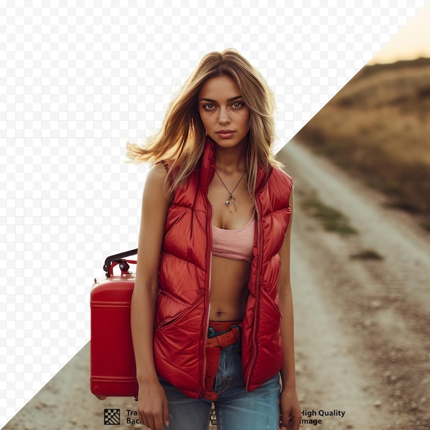 Mujer blanca con chaleco rojo sosteniendo un recipiente de gasolina rojo y posando en una carretera de campo de naturaleza escénica