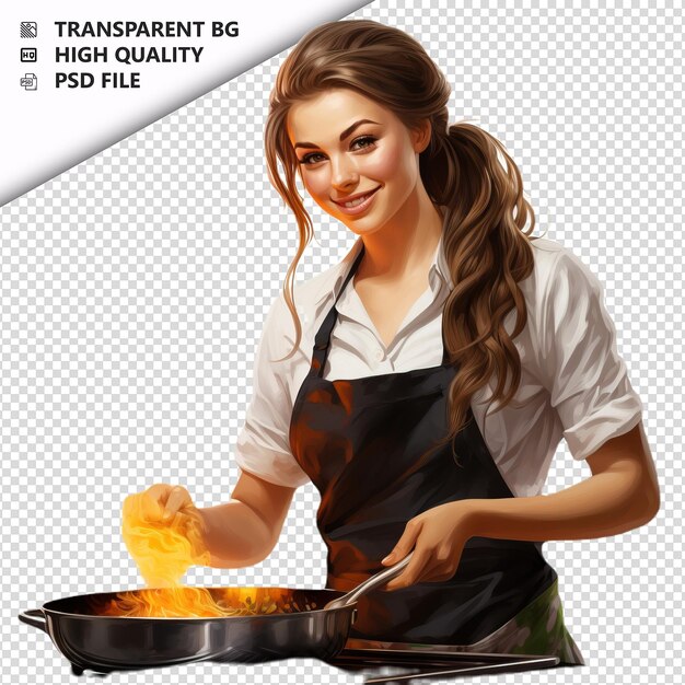 PSD mujer blanca cocinando estilo ultra realista fondo blanco