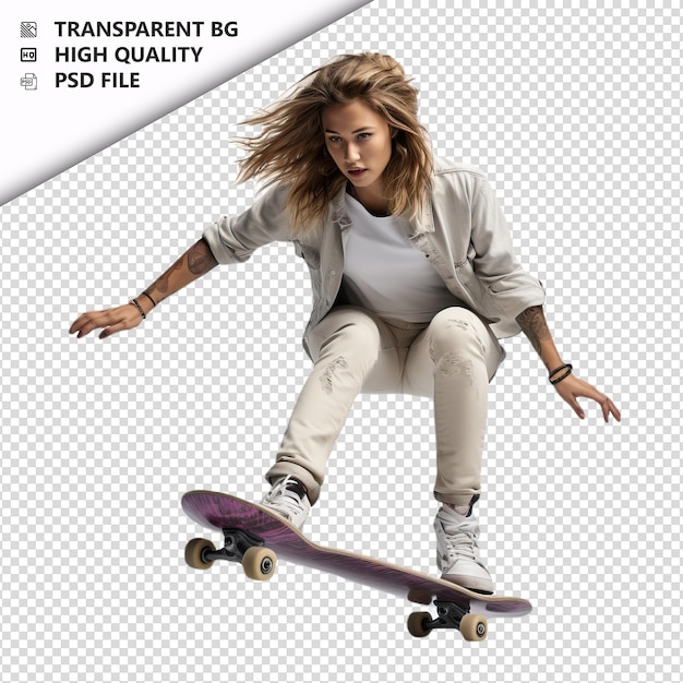 PSD mujer blanca patinando estilo ultra realista fondo blanco