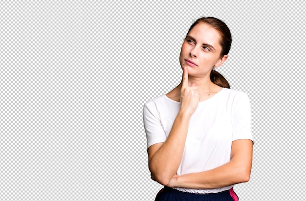 Mujer bonita adulta joven con camisa blanca y un espacio de copia