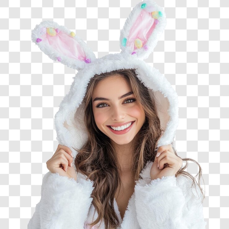 PSD mujer bonita con disfraz de conejo celebrando la pascua aislada sobre un fondo transparente