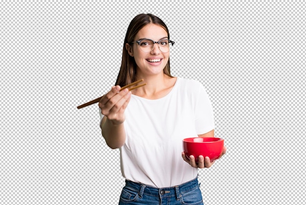 PSD mujer bonita joven con un bolw de ramen de fideos japoneses