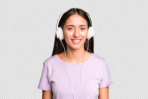 PSD mujer bonita joven escuchando música con sus auriculares