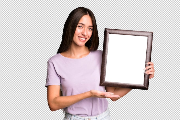 PSD mujer bonita joven con un marco de imagen en blanco vacío