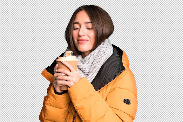 PSD mujer bonita joven con ropa de invierno y sosteniendo un café para llevar