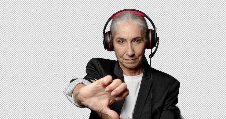 PSD una mujer bonita de mediana edad con auriculares. concepto de jugador.
