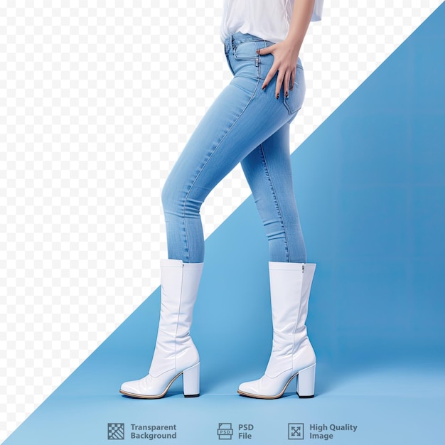 PSD una mujer con botas de tacón alto posa sobre un fondo transparente con sus piernas vestidas con jeans azules y blancos