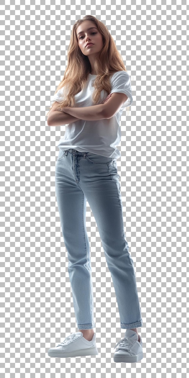 PSD una mujer con los brazos cruzados y una camisa blanca que dice quot t camisa quot