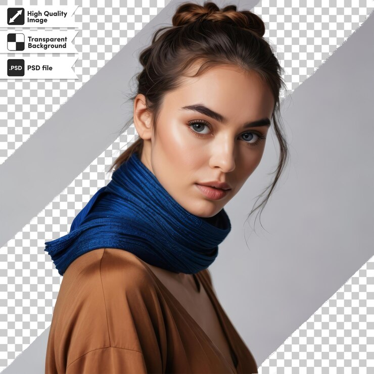 PSD una mujer con una bufanda azul en el cuello