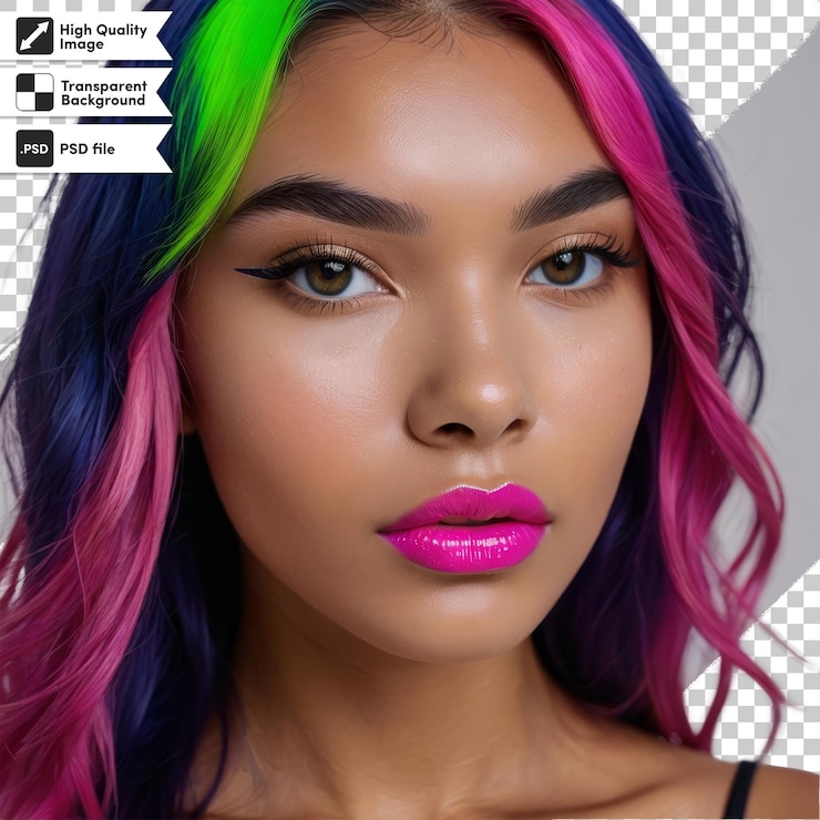 PSD una mujer con cabello arco iris y un color de labio rosa
