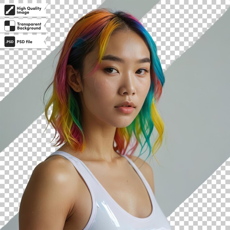 PSD una mujer con cabello arco iris se muestra en un anuncio de un videojuego