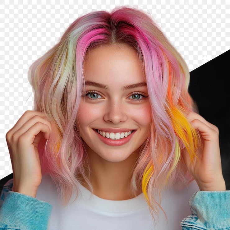 PSD una mujer con cabello arco iris sonríe y sonríe