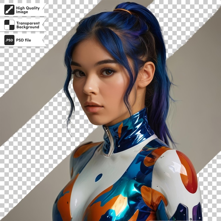 PSD una mujer con cabello azul y una camisa blanca con una corbata de cabello azul