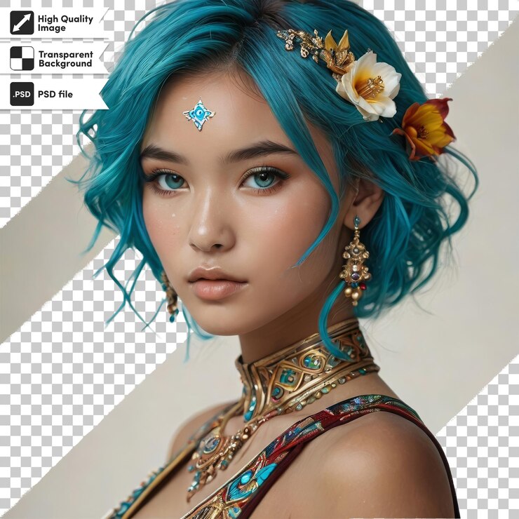 PSD una mujer con cabello azul y una flor en el cabello