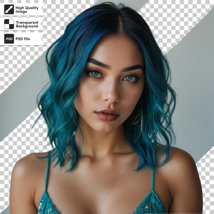 PSD una mujer con cabello azul se muestra con una imagen de una mujer con pelo azul