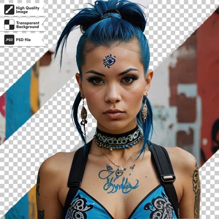 PSD una mujer con cabello azul y un tatuaje en el pecho