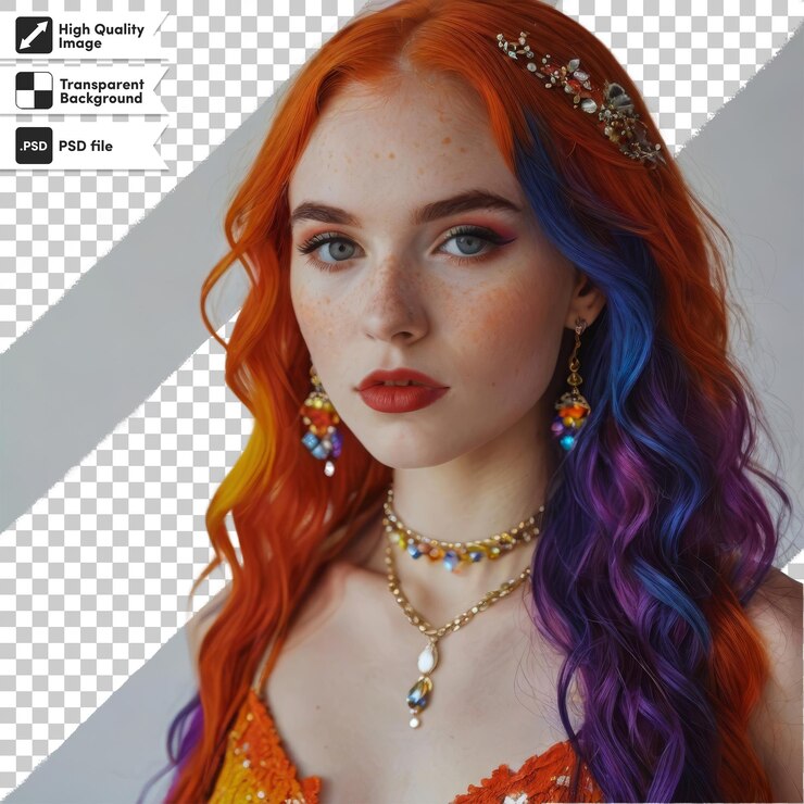 PSD una mujer con cabello de colores y un clip de pelo de colores que dice quot ella está usando un vestido de colores q