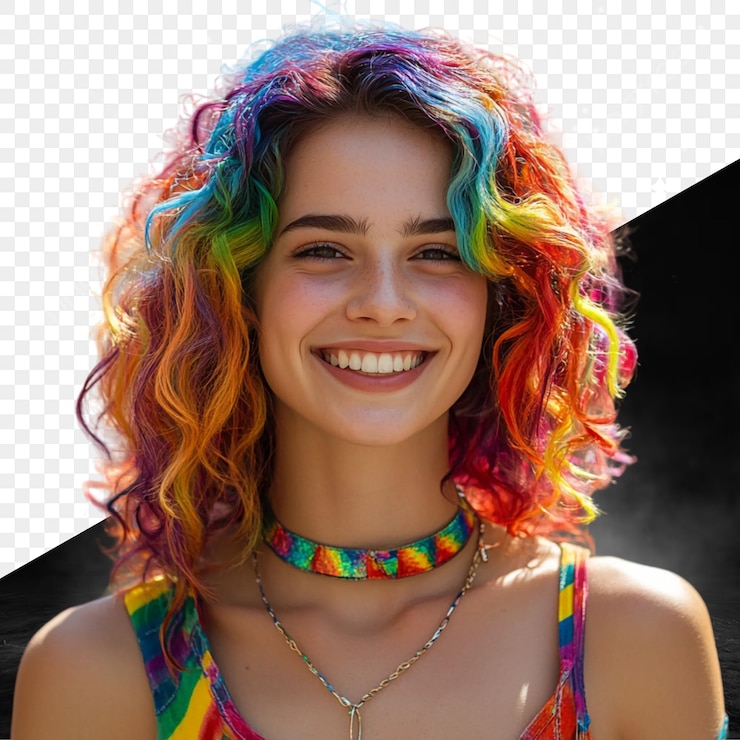 PSD una mujer con cabello colorido que lleva un collar de color arco iris