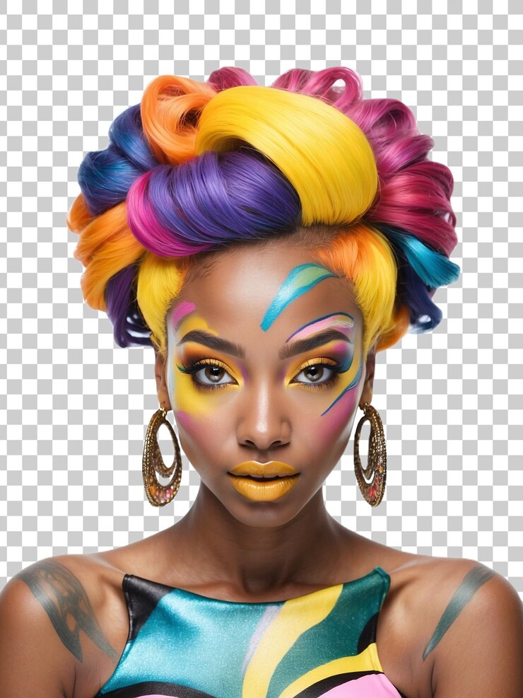 PSD una mujer con cabello colorido y un vestido amarillo con colores arco iris