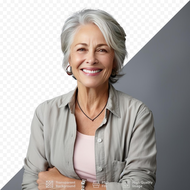 Una mujer de cabello gris y una camisa marrón con un logo marrón.