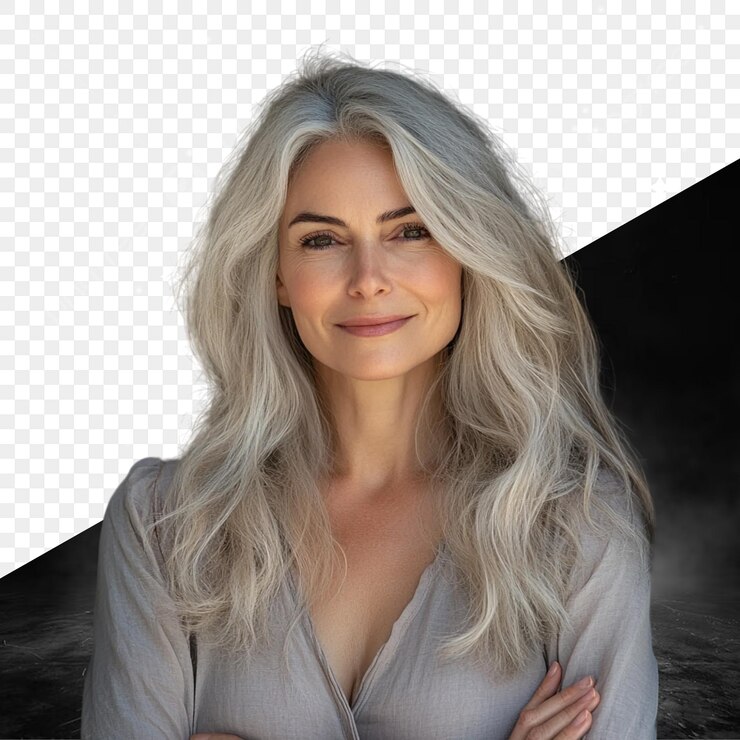 PSD una mujer con cabello gris y un fondo negro con un fondo negro