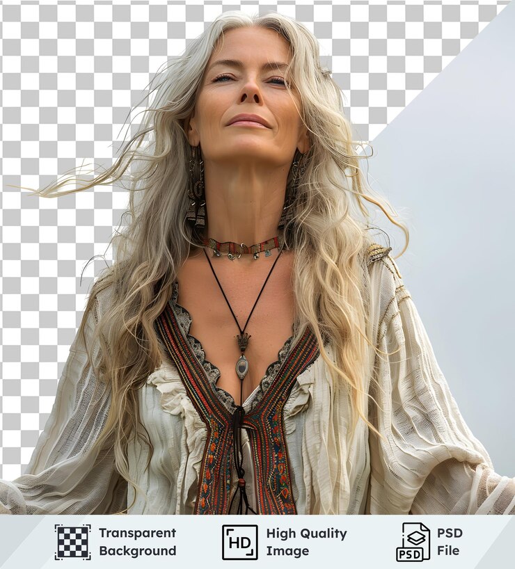 PSD mujer con cabello gris largo con joyas étnicas en fondo psd transparente pose de modelo sereno