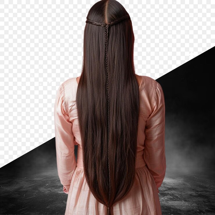 PSD una mujer con el cabello largo está de pie frente a un fondo blanco y negro