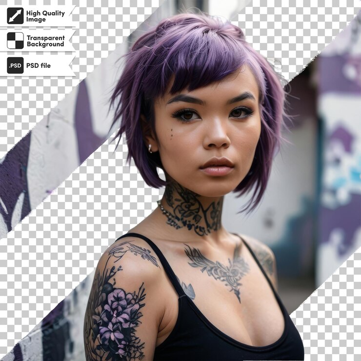 PSD una mujer con cabello morado y un tatuaje en el brazo