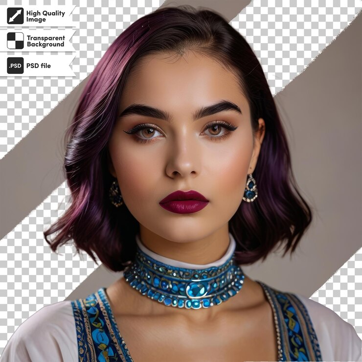 PSD una mujer con cabello púrpura y un collar azul y dorado