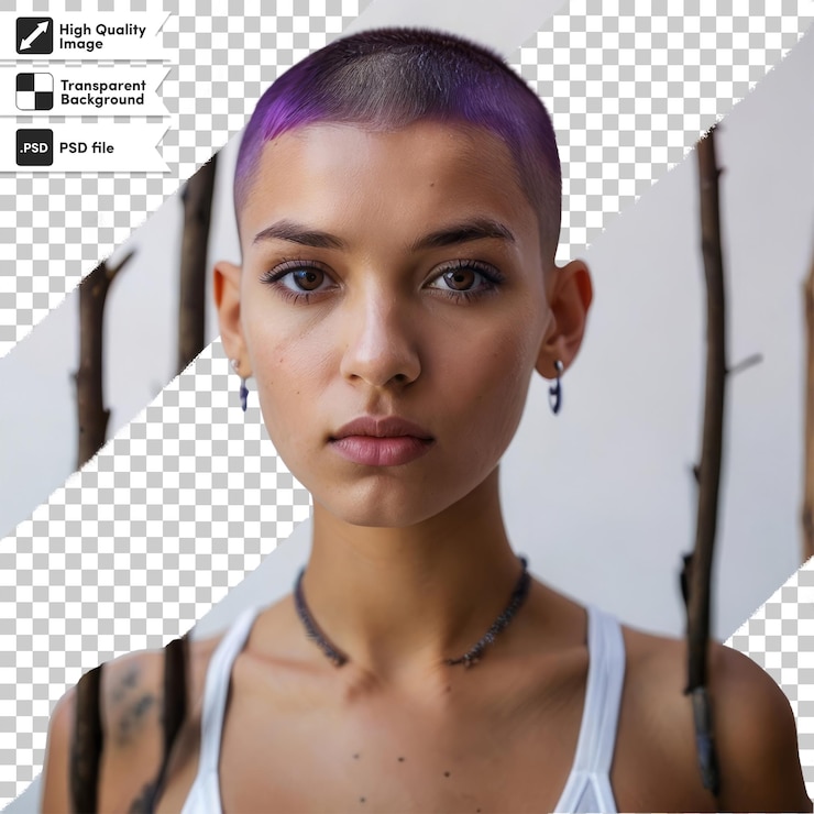 PSD una mujer con cabello púrpura y pelo púrpura se para frente a una cámara con una foto en blanco y negro