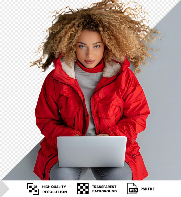 PSD mujer de cabello rizado bastante aislado en chaqueta roja trabajando en la computadora portátil frente a la pared gris y blanca con ojo azul y pierna gris visible