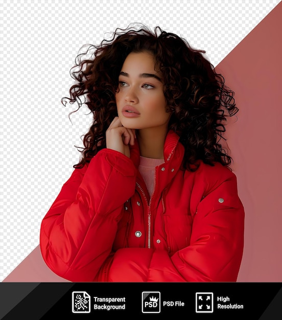 PSD mujer de cabello rizado bonita en chaqueta roja buscando pensativo png psd