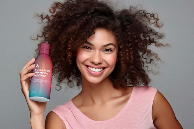 Mujer con cabello rizado sosteniendo una maqueta de champú