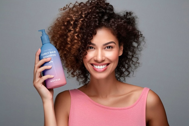 PSD mujer con cabello rizado sosteniendo una maqueta de champú