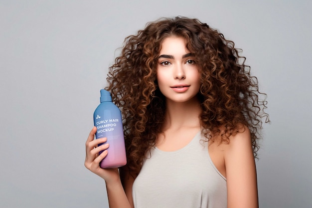 PSD mujer con cabello rizado sosteniendo una maqueta de champú