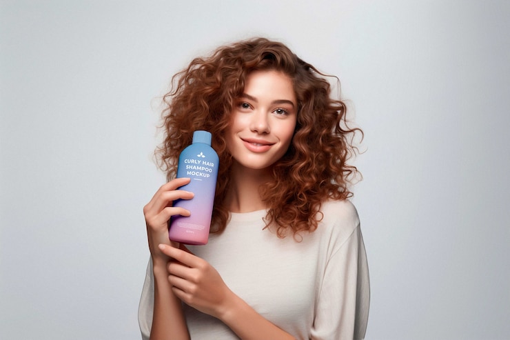 PSD mujer con cabello rizado sosteniendo una maqueta de champú