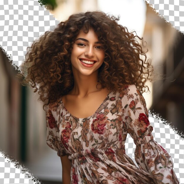 Una mujer con cabello rizado y un vestido de flores