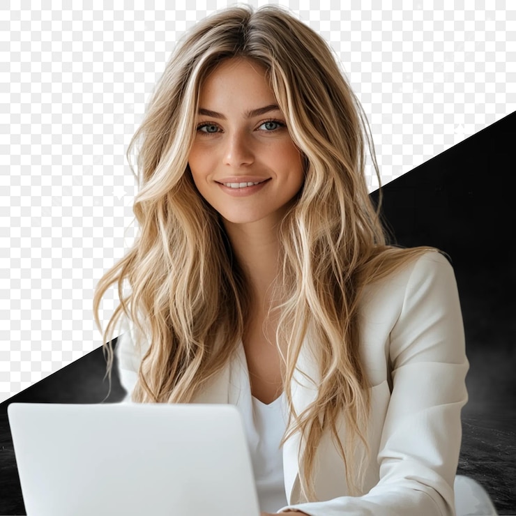 PSD una mujer con cabello rubio está sentada frente a una computadora portátil
