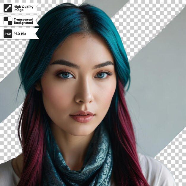 una mujer con cabello verde y azul está usando una bufanda