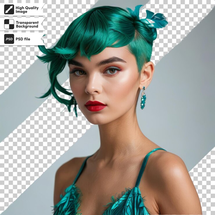 PSD una mujer con cabello verde y un cabello azul con una pluma verde en el medio