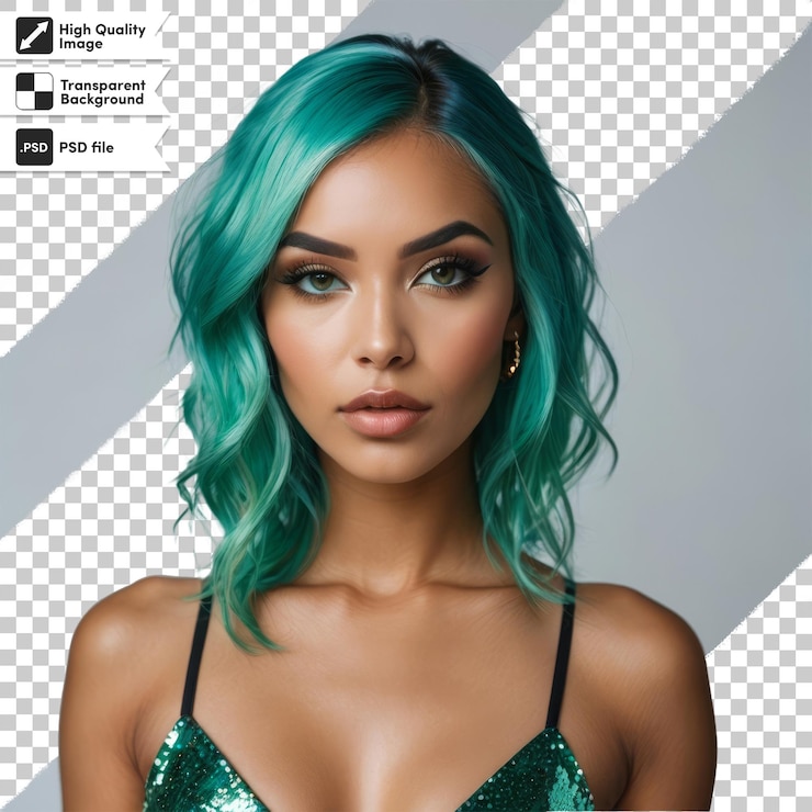 PSD una mujer con cabello verde y una camiseta negra que dice "aqua"