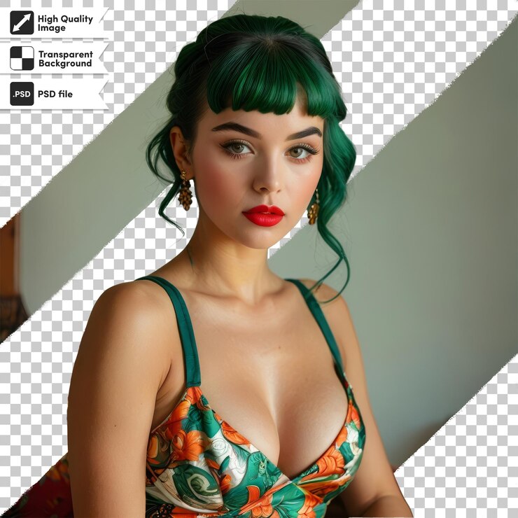 PSD una mujer con cabello verde y un labio rojo y un clip de cabello verde que dice "ir al fondo"